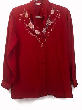 Vintage Yimengkang Red Blouse with Heart Shaped Embroidery
